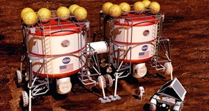 An artist concept of base infrastructure on Mars. Early habitats will be brought to Mars, but perman...