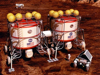 An artist concept of base infrastructure on Mars. Early habitats will be brought to Mars, but perman...