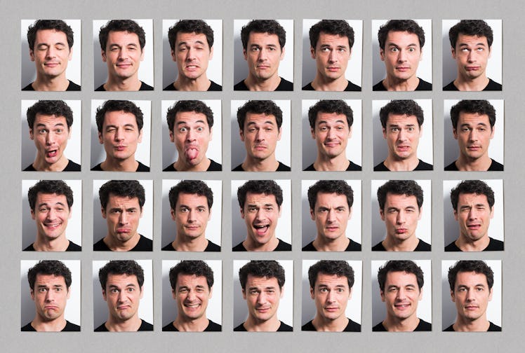 A man portraying a variety of different facial expressions and emotions.