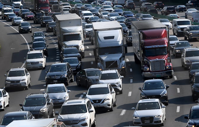 Five lanes of cars stuck in a traffic jam