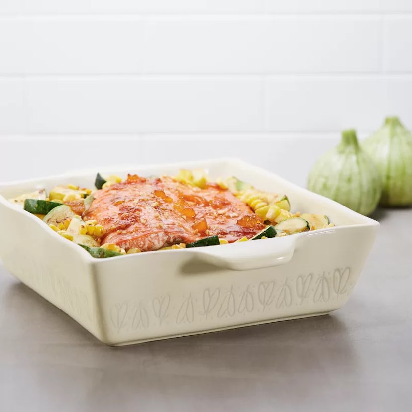 Ayesha Curry 8-inch square stoneware baker is long-lasting and heats food evenly.