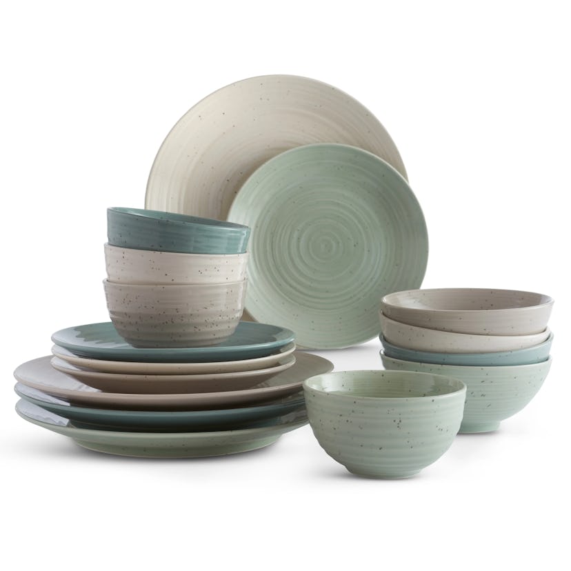 Birch Lane's dinnerware set features softly speckled dishes.