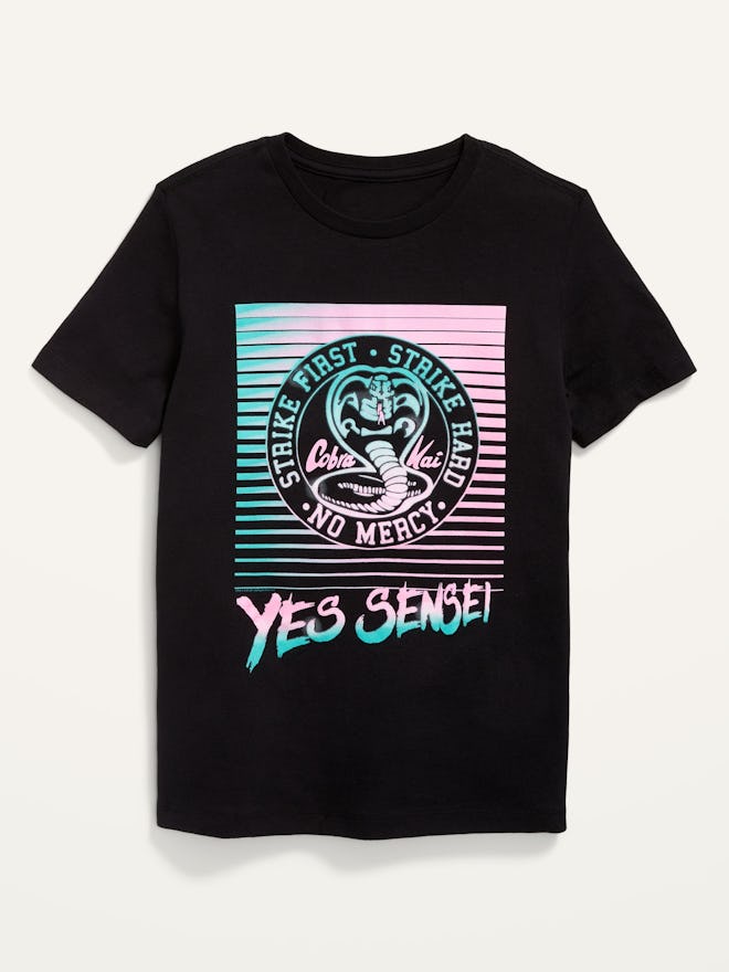 This black t-shirt with pastel graphic of snake and cobra kai language is a great buy for old navy's...
