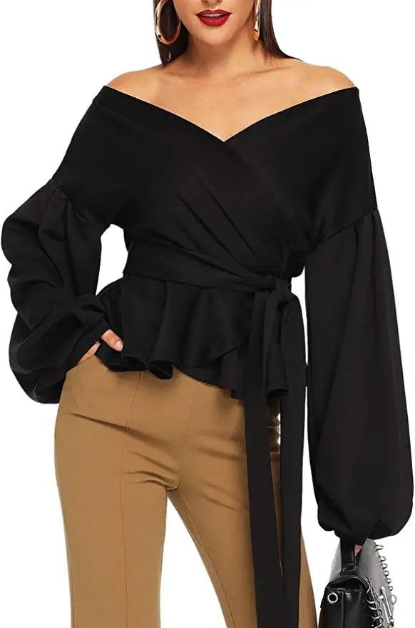 SheIn Long Sleeve V-Neck Ruffle Blouse