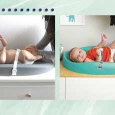 Side By Side Of Two Pictures With Babies On Changing Table Pads