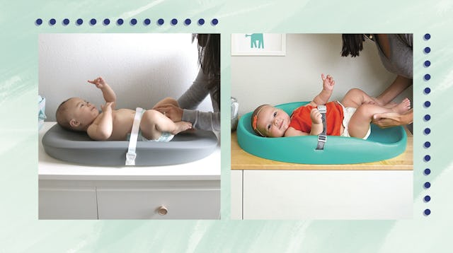 Side By Side Of Two Pictures With Babies On Changing Table Pads
