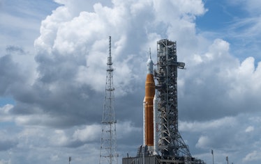 NASA’s Space Launch System (SLS) rocket with the Orion spacecraft aboard is seen atop the mobile lau...