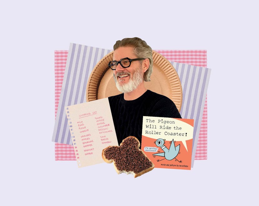 A collage with Mo Willems, a shopping list, a piece of Dutch hagelslag, and his book 'The Pigeon Wil...