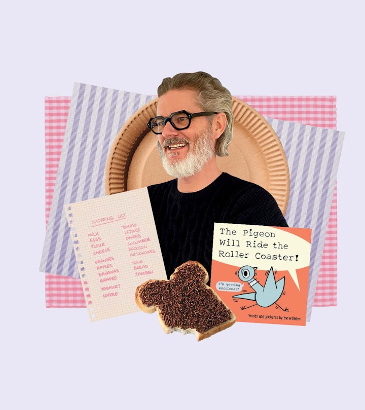 A collage with Mo Willems, a shopping list, a piece of Dutch hagelslag, and his book 'The Pigeon Wil...