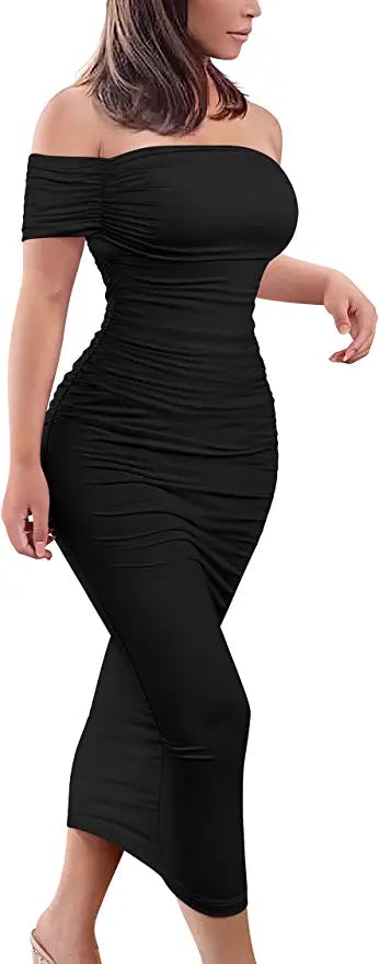 GOBLES Ruched Off Shoulder Bodycon Dress
