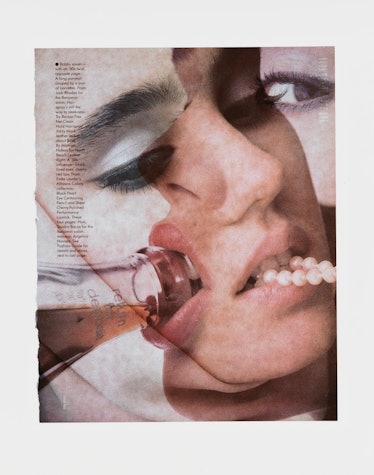 A layered Robert Heinecken image featuring a person sipping from a glass bottle and biting a strand ...