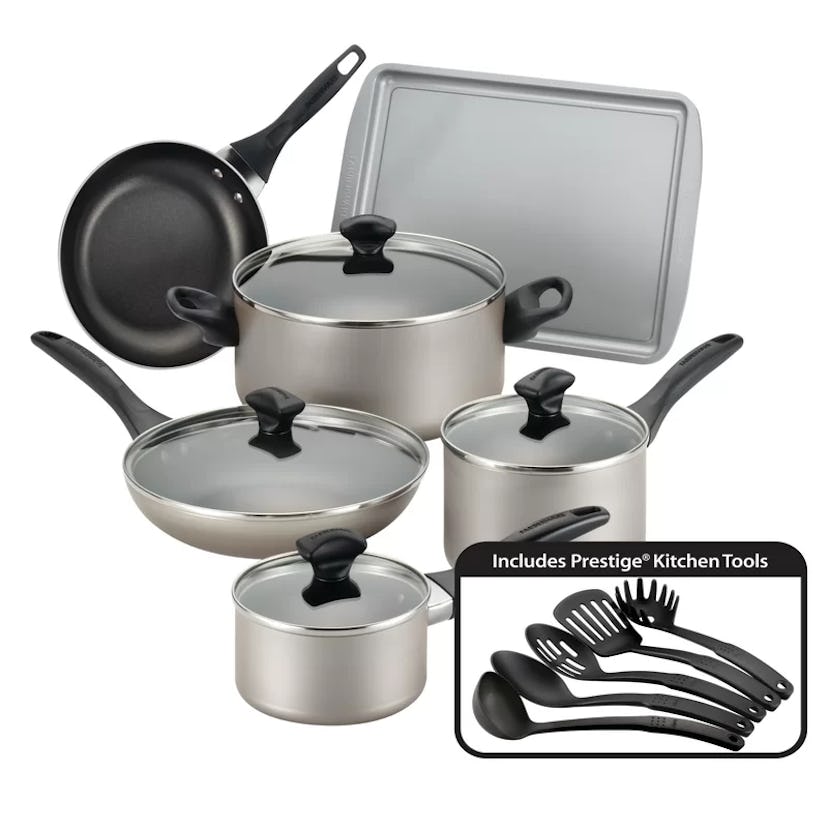 Farberware's 15-piece aluminum non-stick cookware set comes in eight colors.