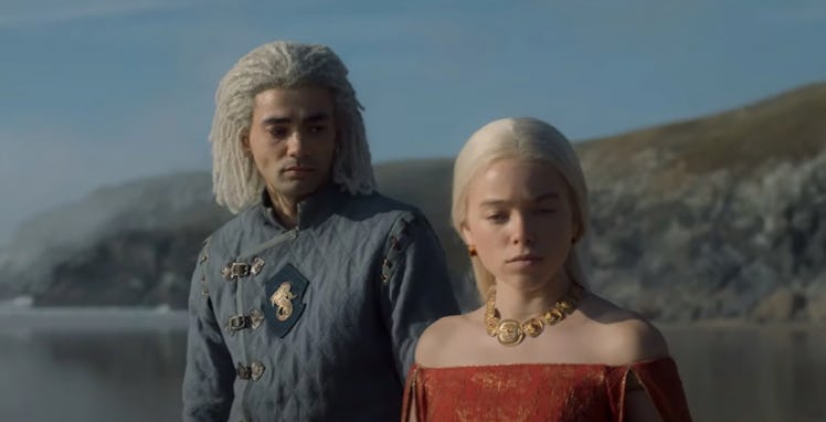Laenor Velaryon and Rhaenyra Targaryen in a future episode of House of the Dragon.