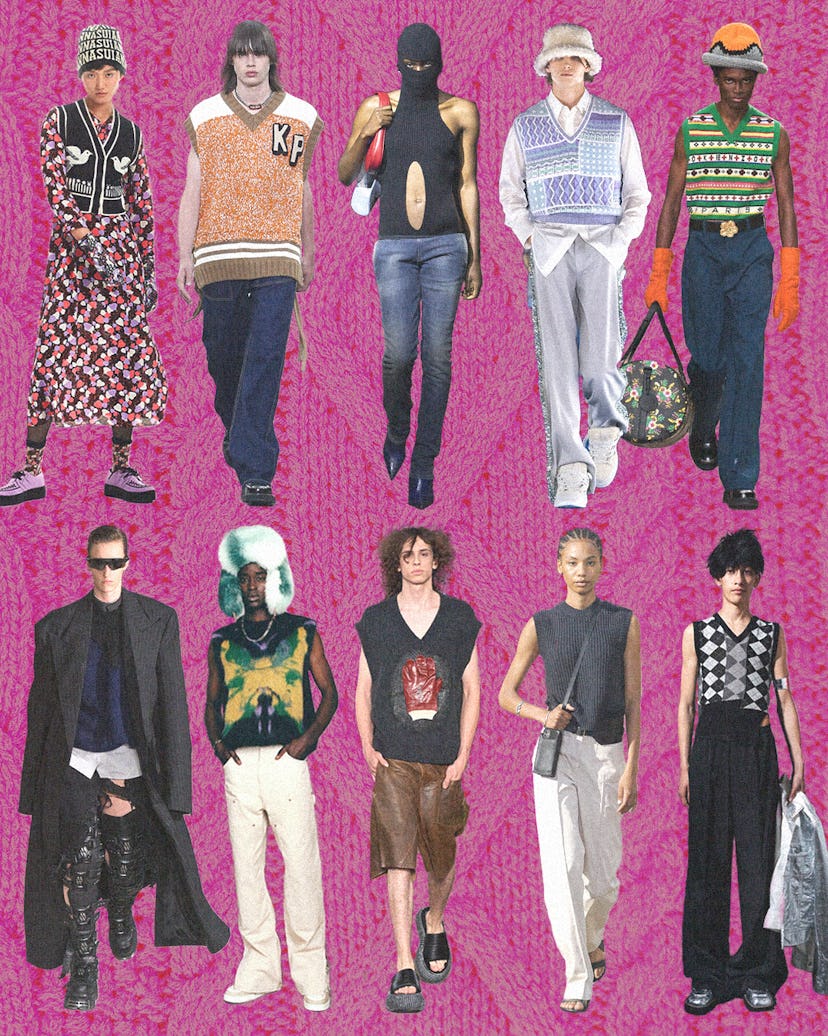 A collage of models wearing sweater vests
