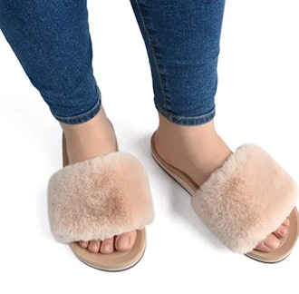Coface Memory Foam Fuzzy Open Toe Slippers with Arch Support