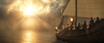 Galadriel (Morfydd Clark) sails with her fellow Elves toward the Undying Lands in The Lord of the Ri...