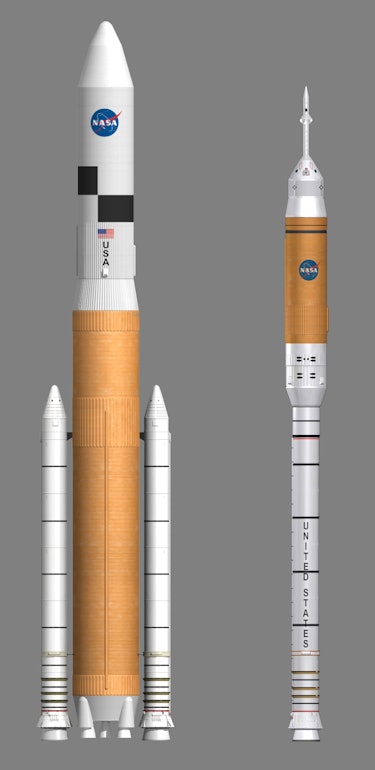 An illustration of NASA’s Constellation Program rocket concepts. Left: Ares V, a heavy lift rocket w...