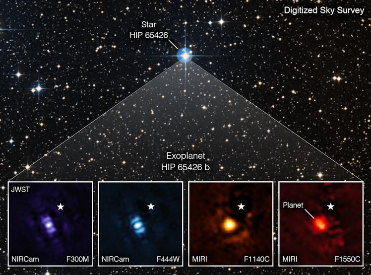 Color image of a star in space, with four insets of a planet shown in purple, blue, yellow, and red ...