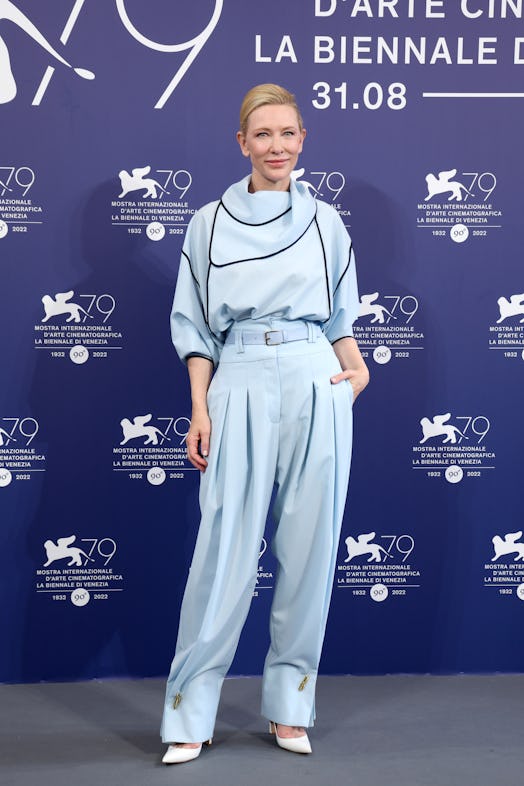 Cate Blanchett wearing a pale blue Armani jumpsuit at the Venice Film Festival