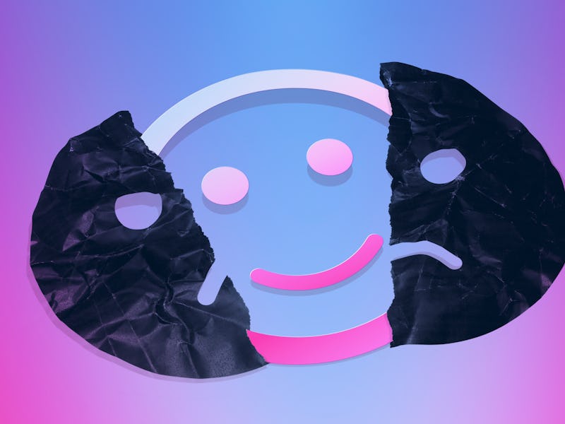 A sad face symbol tearing away to show a smiley face underneath.
