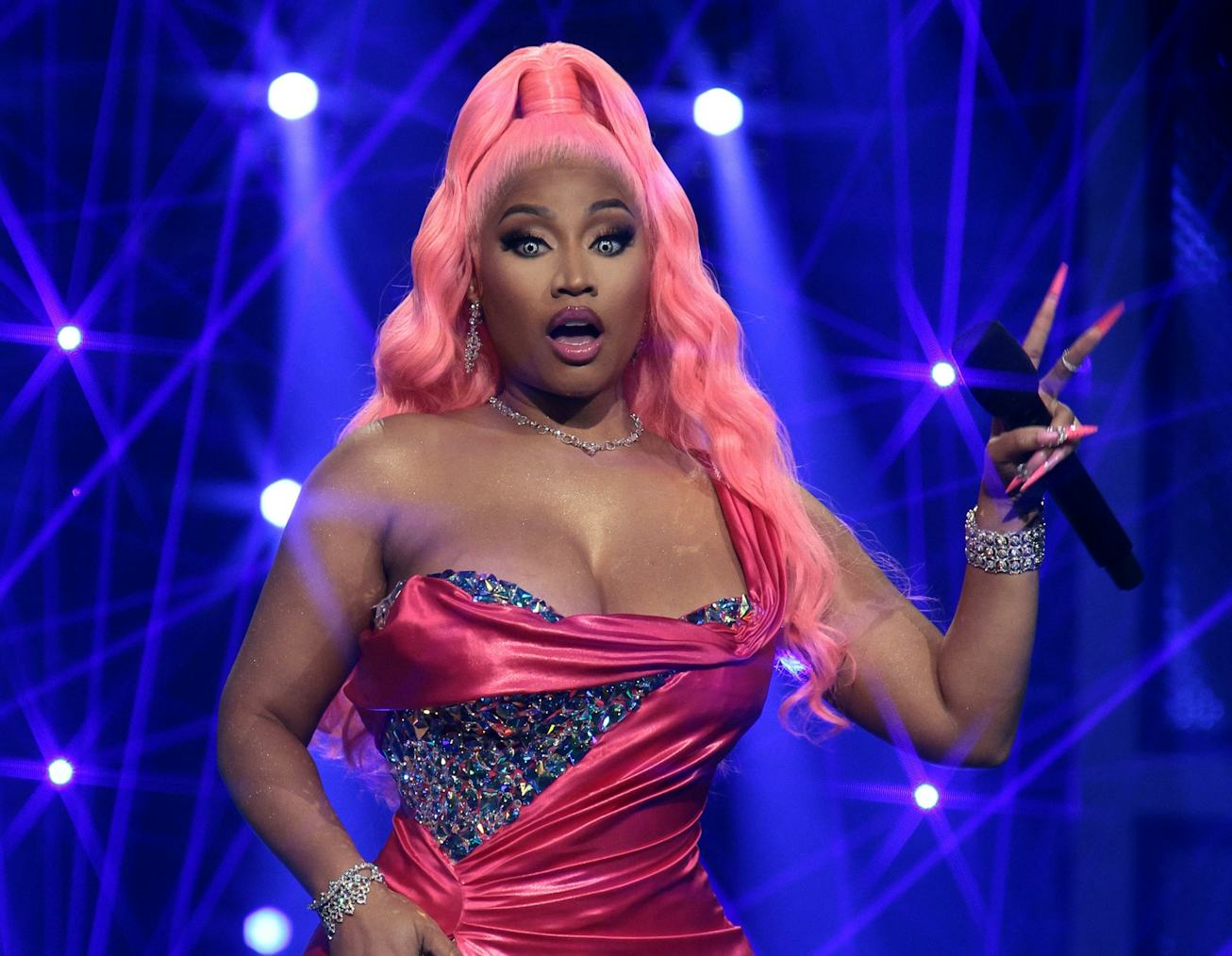 NEWARK, NEW JERSEY - AUGUST 28: Nicki Minaj speaks onstage at the 2022 MTV VMAs at Prudential Center...