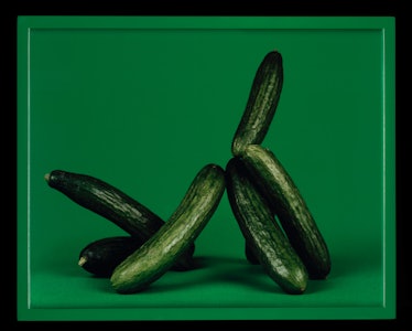 An Elad Lassry photo of artfully arranged cucumbers