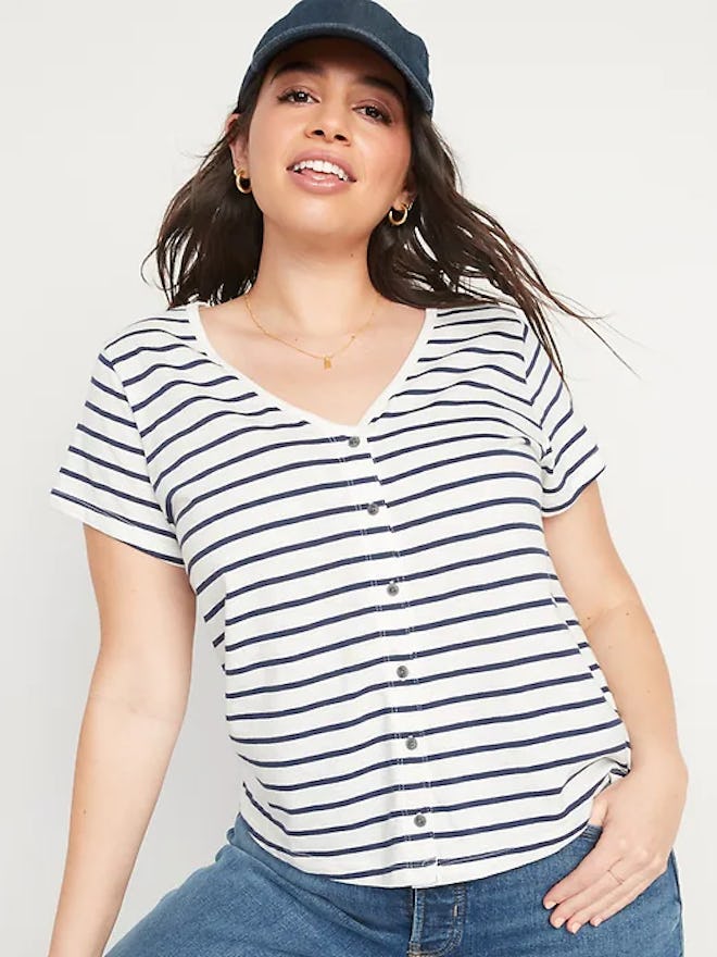 Woman in striped vneck tee in an article about old navy labor day sales