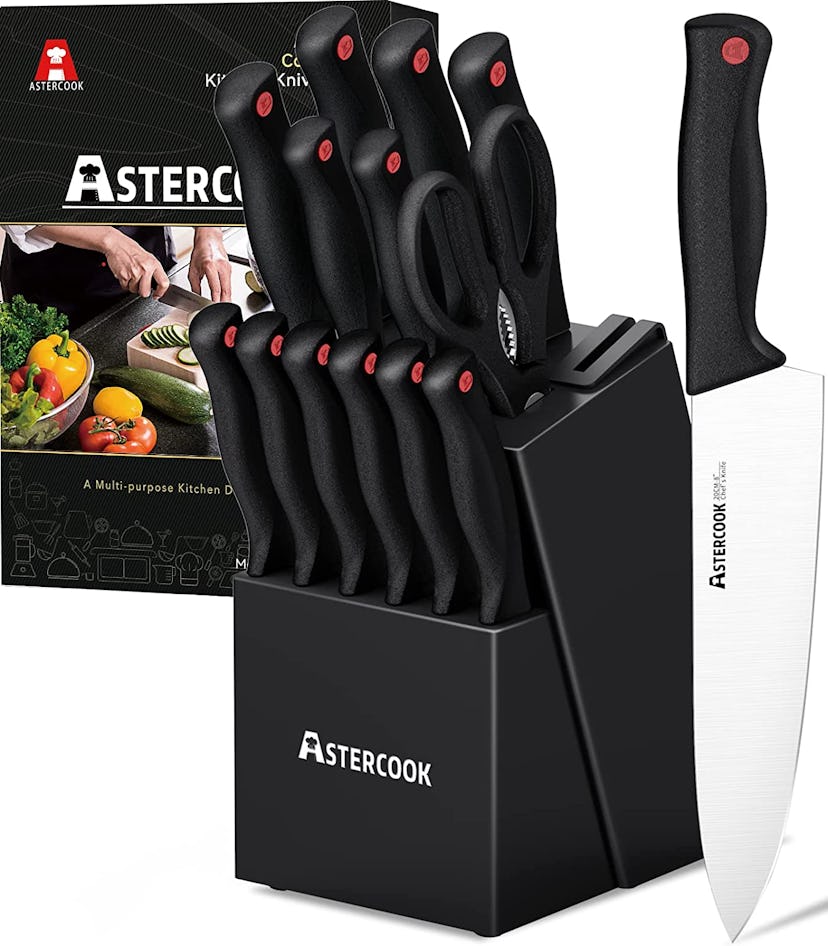 Astercook's knife set features a built-in sharpener block and 14 high quality knives.