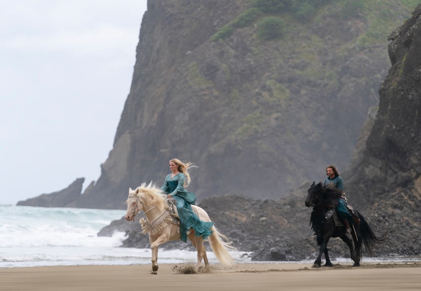 Lloyd Owen as Elendir and Morfydd Clark as Galadriel in 'The Rings of Power'