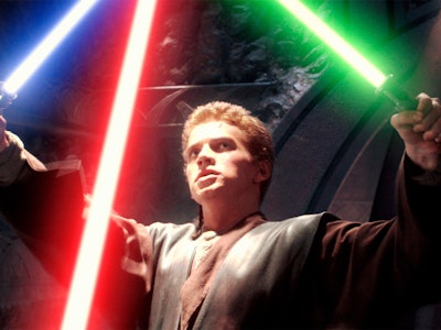 A young Hayden Christensen as Anakin Skywalker during a battle scene