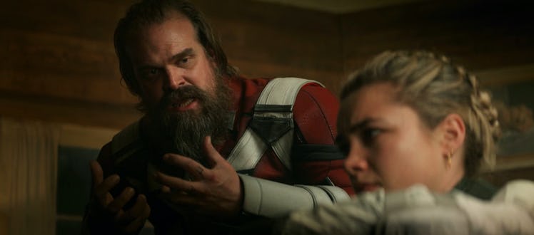 David Harbour as Alexei Shostakov and Florence Pugh as Yelena Belova in 2021’s Black Widow