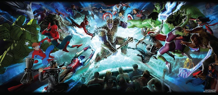 Concept art for the new multiverse-themed Avengers ride coming to Disneyland.