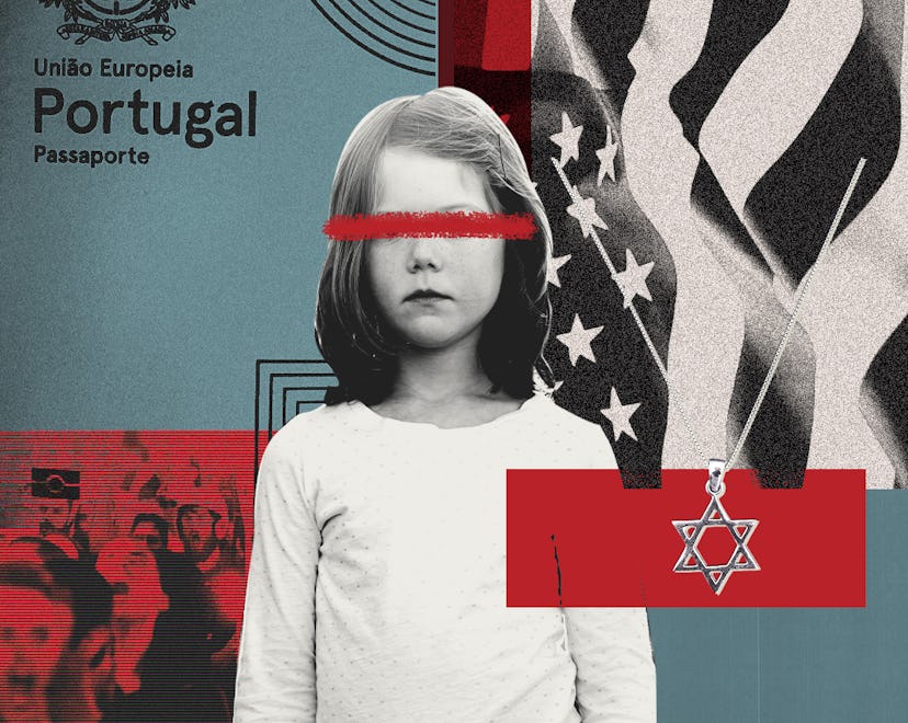 A collage with a Jewish child, a Star of David necklace, and the flag of the United States