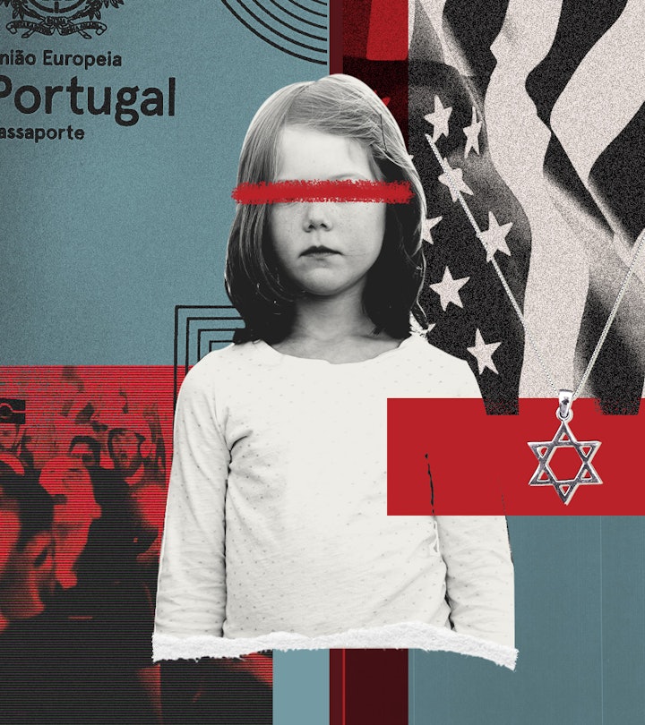 A collage with a Jewish child, a Star of David necklace, and the flag of the United States