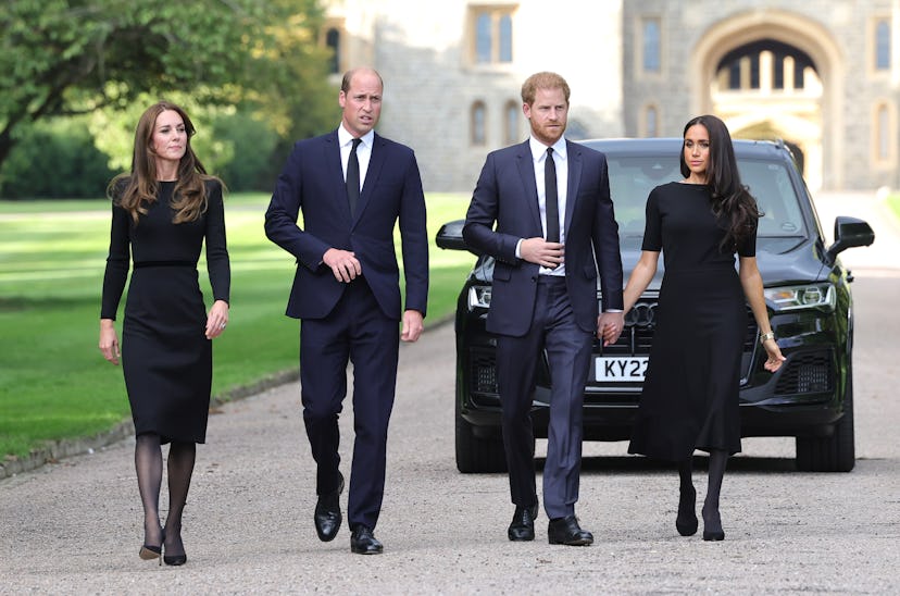 Kate Middleton, Prince William, Prince Harry, and Meghan Markle on the long walk at Windsor Castle
