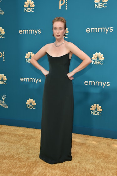 Hannah Einbinder at the Emmy Awards Red Carpet in a minimalist black Rodarte dress. 