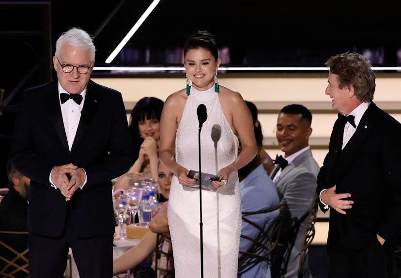 Steve Martin, Selena Gomez, and Martin Short onstage of the 2022 Emmy Awards