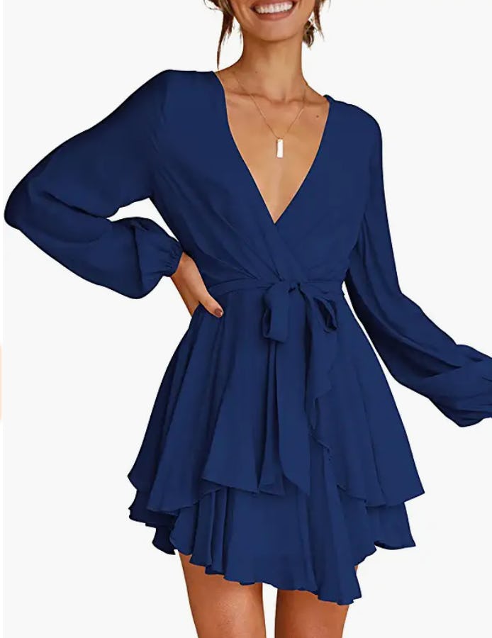 Cosonsen V-Neck Tie Waist Skater Dress