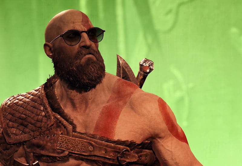 Main character from the God of War video game wearing sunglasses while having a serious face 