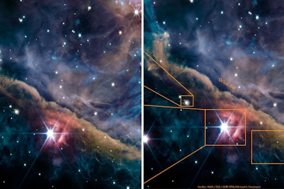 This annotated image of the Orion Nebula taken by JWST shows planet-forming disks of gas and dust ar...