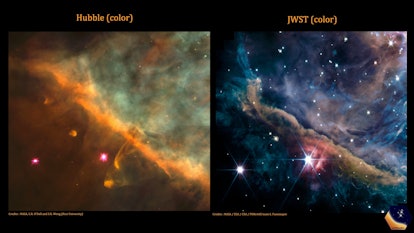 The inner region of the Orion Nebula as seen by both the Hubble Space Telescope, left, and the James...