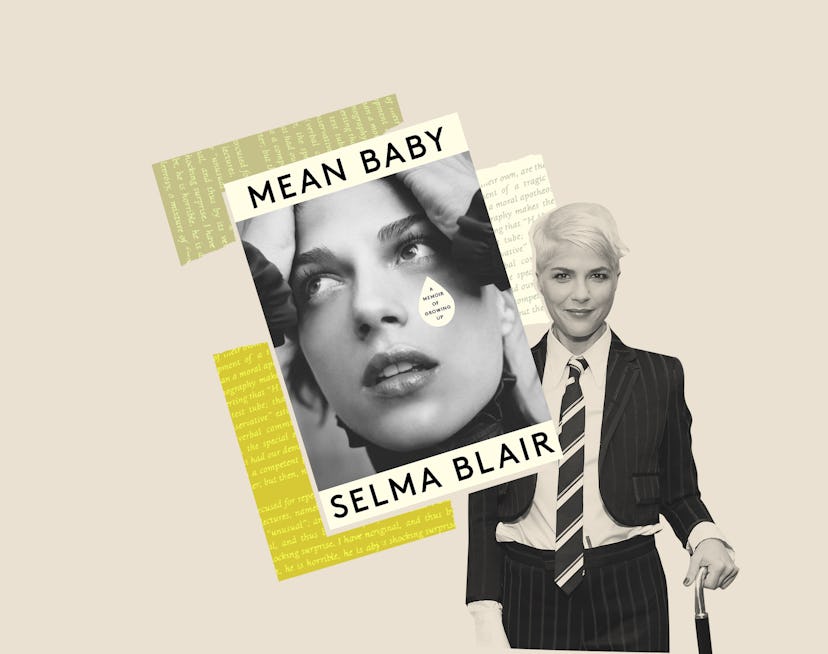 Cover of Selma Blair's memoir "Mean Baby" and a photo of her with a cane in the background 