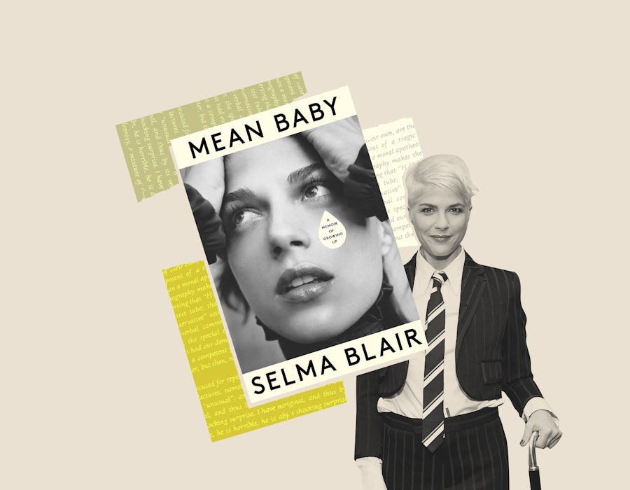 Cover of Selma Blair's memoir "Mean Baby" and a photo of her with a cane in the background 