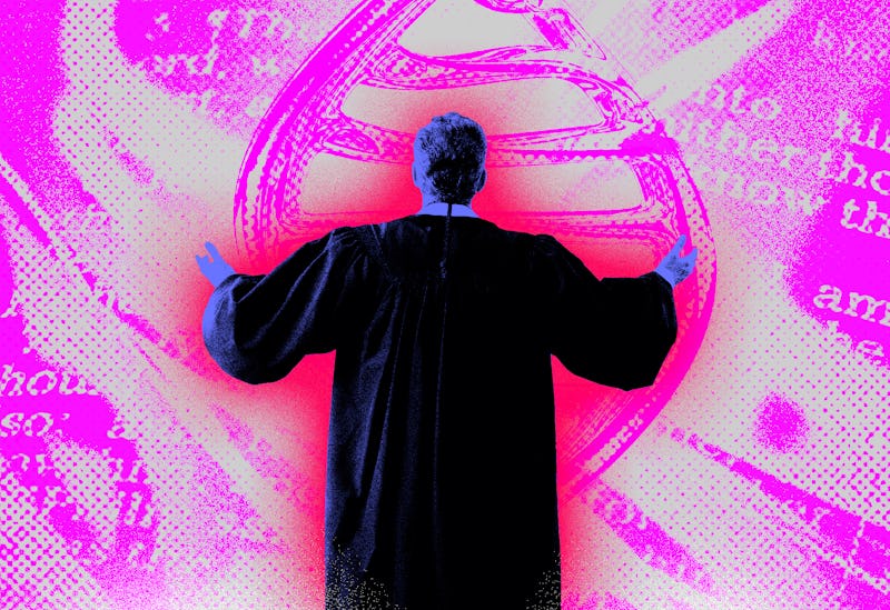 A preacher  seen from the back in front of an illustration of a purple dna strand