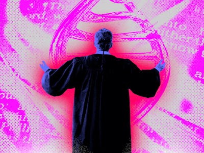 A preacher  seen from the back in front of an illustration of a purple dna strand