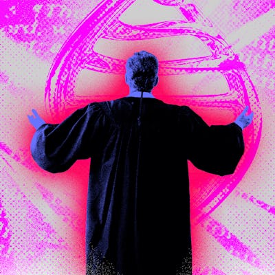 A preacher  seen from the back in front of an illustration of a purple dna strand