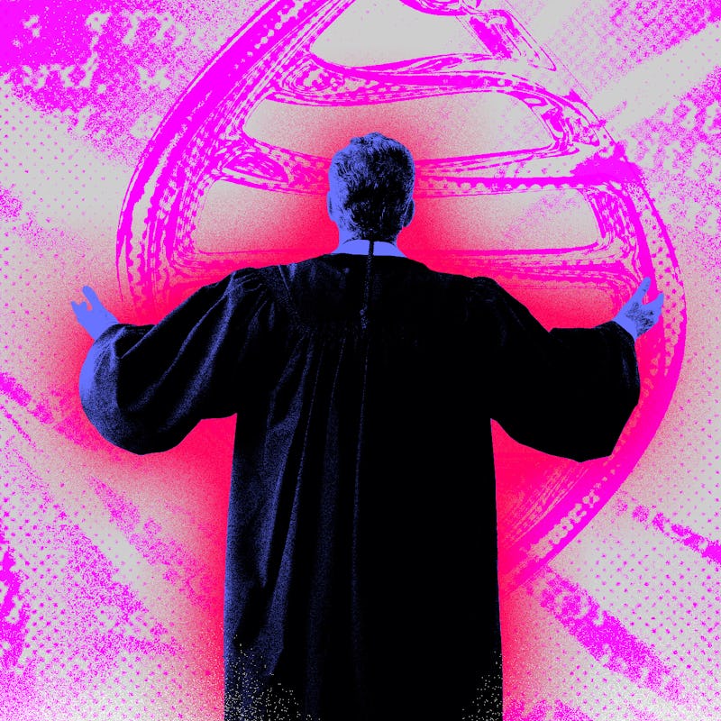 A preacher seen from the back in front of an illustration of a purple dna strand