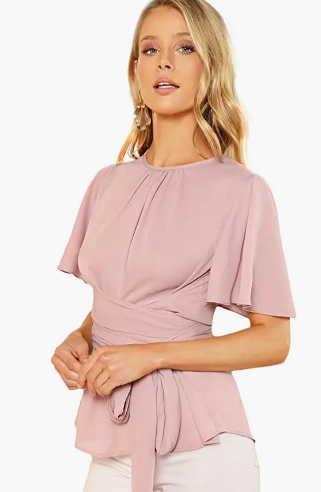 Romwe Self Tie Wist Short Sleeve Blouse