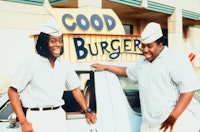 Actors from Good Burger movie reuniting in front of Good Burger building from the movie.