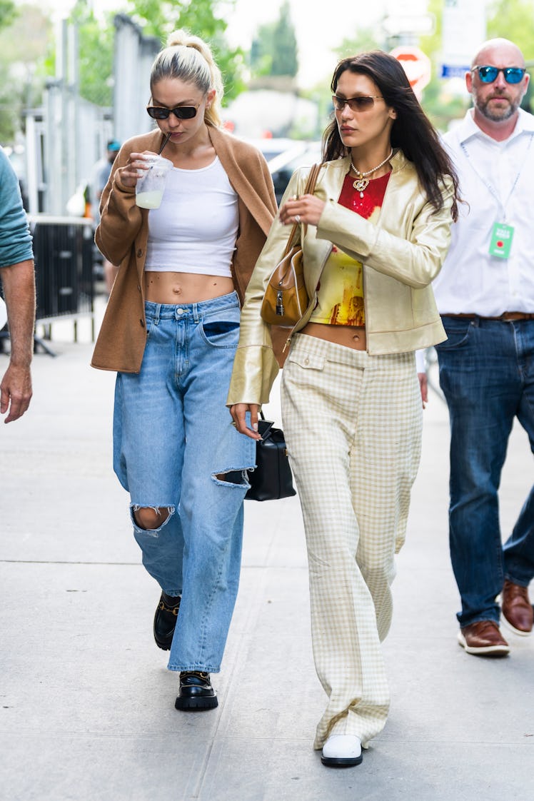 Gigi Hadid (L) and Bella Hadid are seen in the Meat Packing District on September 12, 2022 in New Yo...